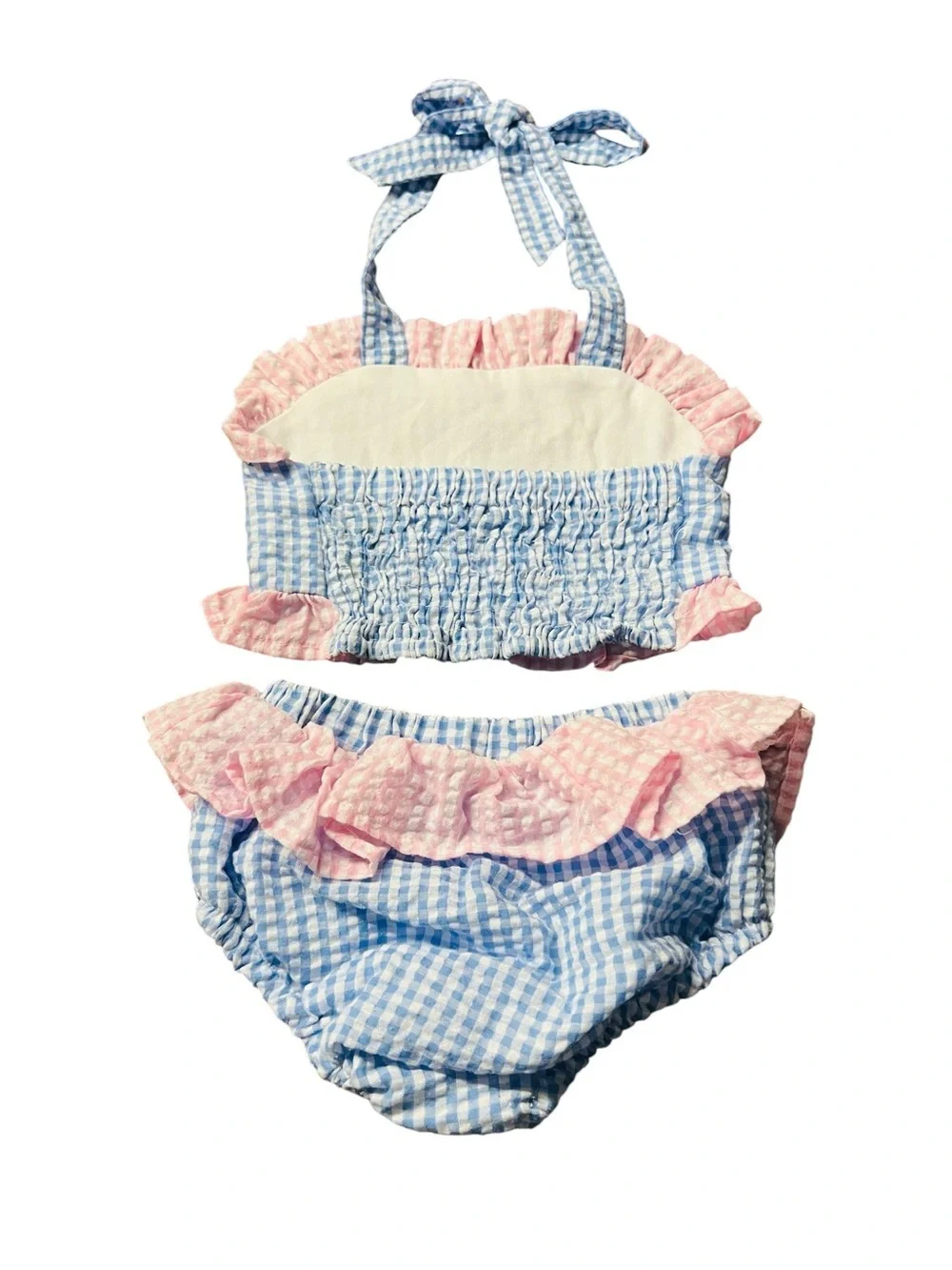 Cecil and Lou Children's Blue & Pink Gingham Ruffle Bikini Set Size 24 Mos.